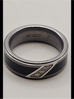 Men’s Tungsten Black Ring with Silver Trim and Diagonal Crystal Inlay